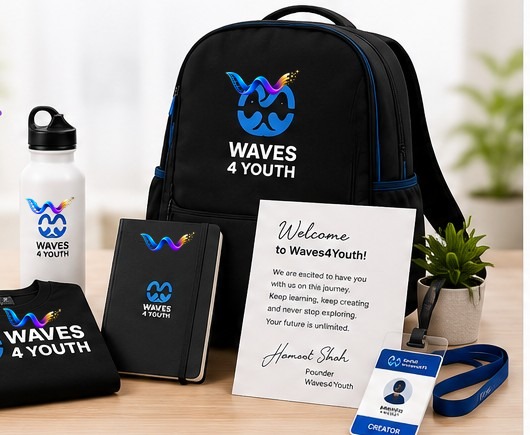 Waves4Youth Creator Welcome Kit — backpack, t-shirt, bottle, notebook and ID card